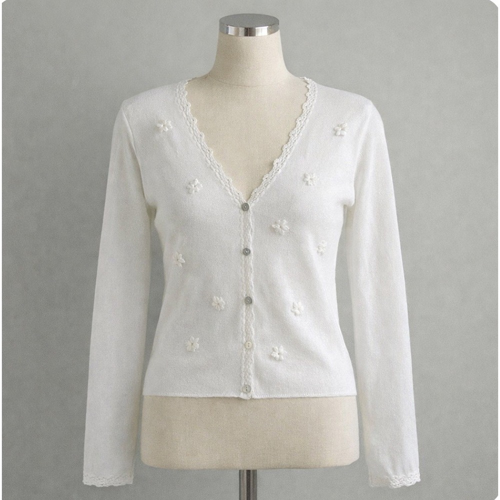 Y2K Vintage White Sheer Mesh Floral Embroidered V-Neck Cardigan Grunge Fairycore